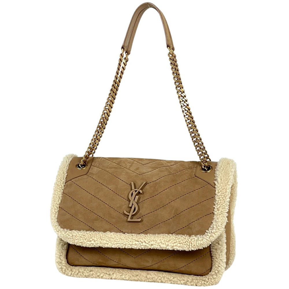 Saint Laurent Paris Niki Shoulder Bag Chain Tote Sheepskin Leather Brown
